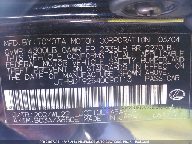 JTHBD192540090113 - 2004 LEXUS IS 300 BLACK photo 9