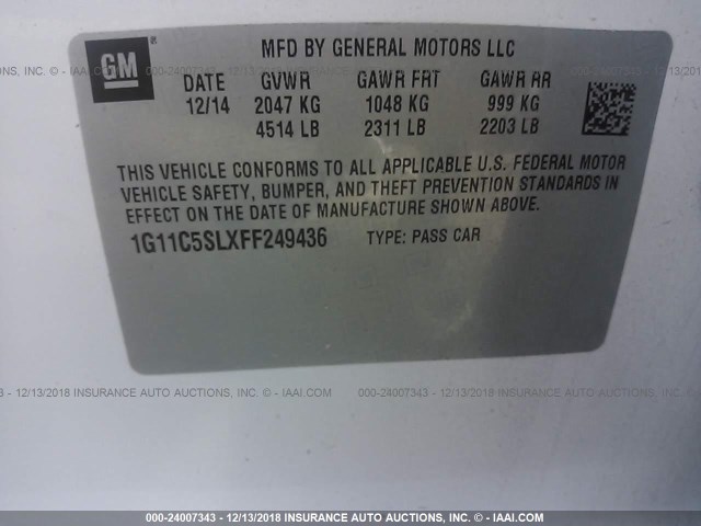 1G11C5SLXFF249436 - 2015 CHEVROLET MALIBU 1LT WHITE photo 9