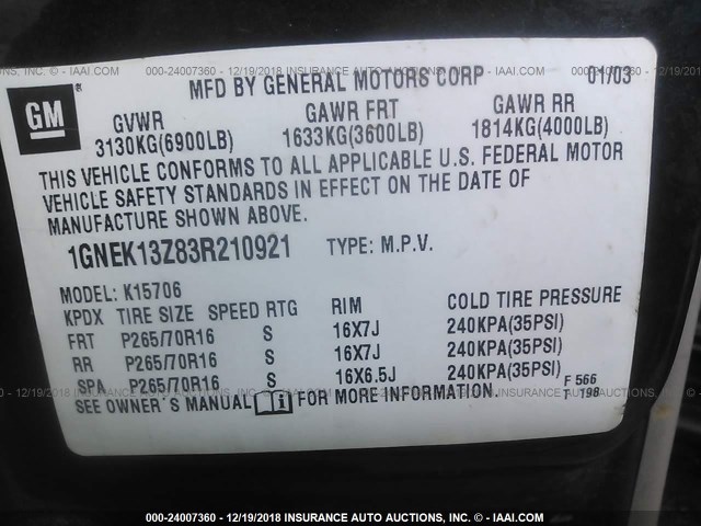 1GNEK13Z83R210921 - 2003 CHEVROLET TAHOE K1500 BLACK photo 9