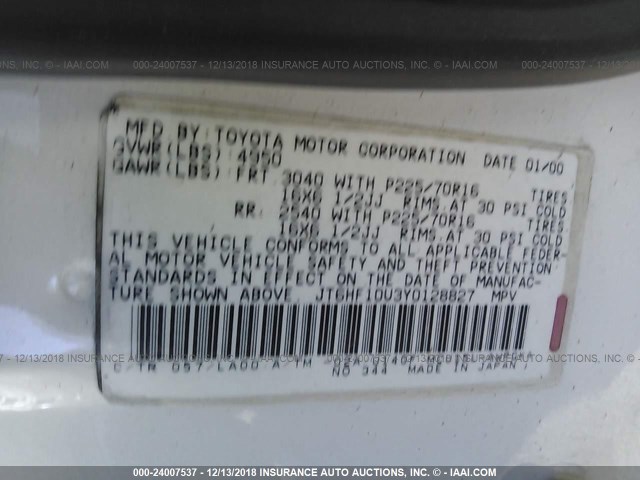 JT6HF10U3Y0128827 - 2000 LEXUS RX 300 WHITE photo 9