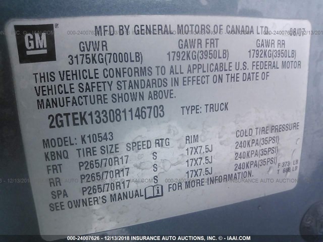 2GTEK133081146703 - 2008 GMC SIERRA K1500 TURQUOISE photo 9