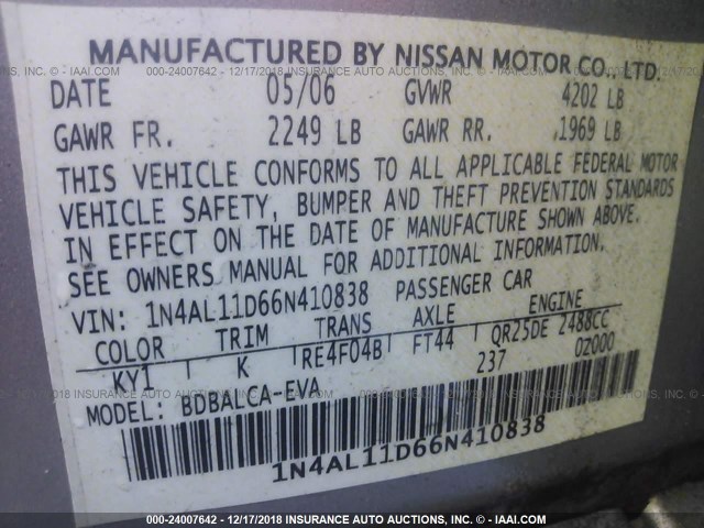 1N4AL11D66N410838 - 2006 NISSAN ALTIMA S/SL SILVER photo 9