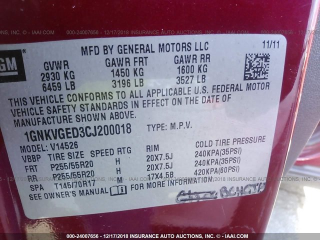 1GNKVGED3CJ200018 - 2012 CHEVROLET TRAVERSE LT RED photo 9