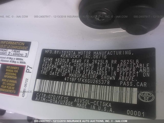 4T1BF1FK6GU265378 - 2016 TOYOTA CAMRY LE/XLE/SE/XSE WHITE photo 9