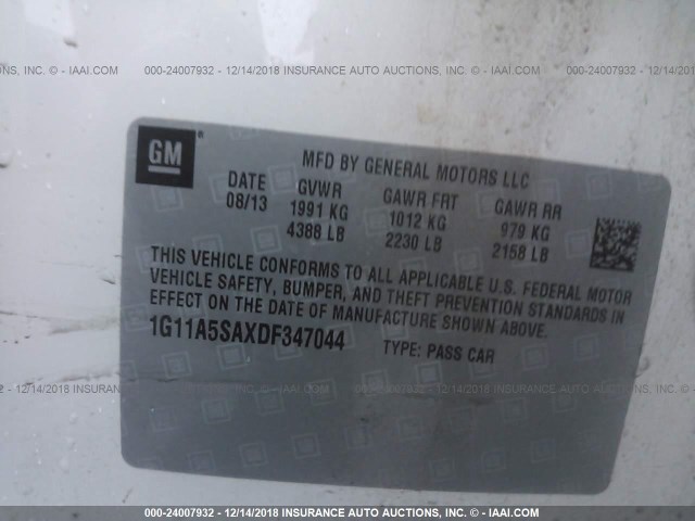 1G11A5SAXDF347044 - 2013 CHEVROLET MALIBU LS WHITE photo 9