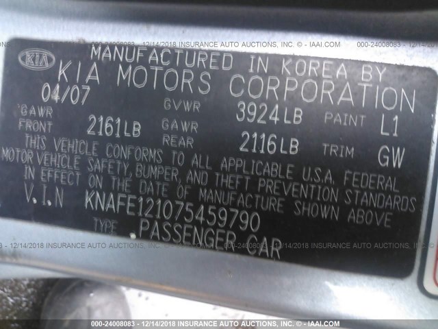 KNAFE121075459790 - 2007 KIA SPECTRA EX/LX BLUE photo 9