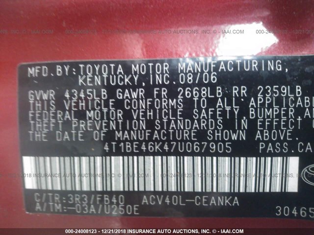 4T1BE46K47U067905 - 2007 TOYOTA CAMRY NEW GENERAT CE/LE/XLE/SE RED photo 9