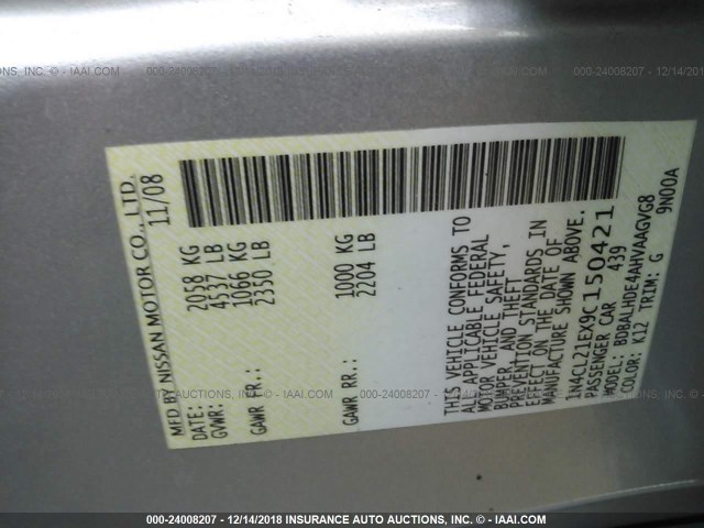 1N4CL21EX9C150421 - 2009 NISSAN ALTIMA HYBRID SILVER photo 9