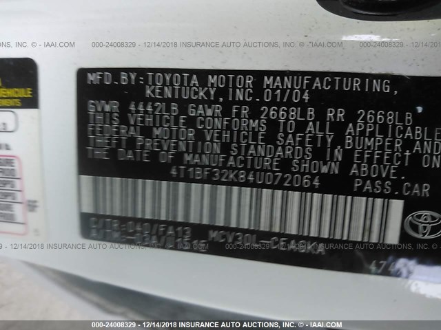 4T1BF32K84U072064 - 2004 TOYOTA CAMRY LE/XLE/SE WHITE photo 9