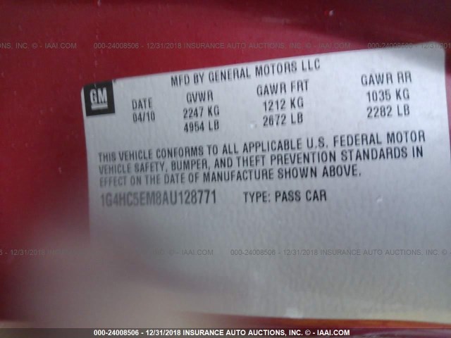 1G4HC5EM8AU128771 - 2010 BUICK LUCERNE CXL RED photo 9