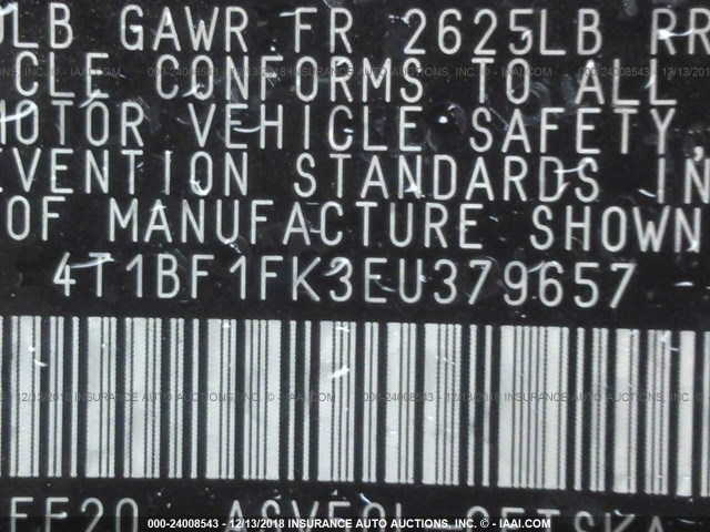 4T1BF1FK3EU379657 - 2014 TOYOTA CAMRY L/SE/LE/XLE 银色 照片 9