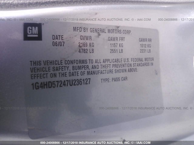 1G4HD57247U236127 - 2007 BUICK LUCERNE CXL SILVER photo 9