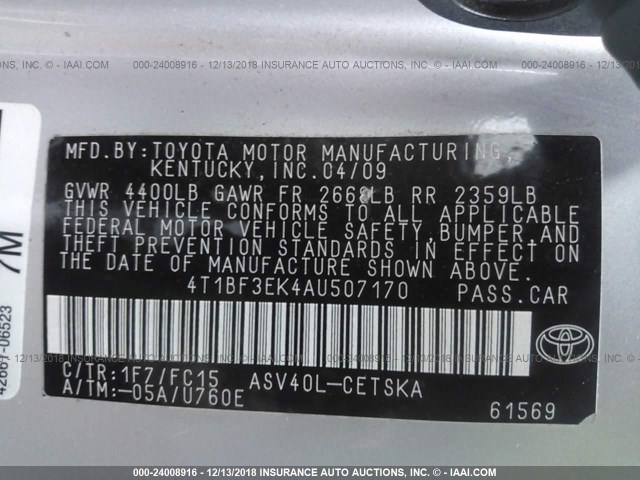 4T1BF3EK4AU507170 - 2010 TOYOTA CAMRY SE/LE/XLE SILVER photo 9