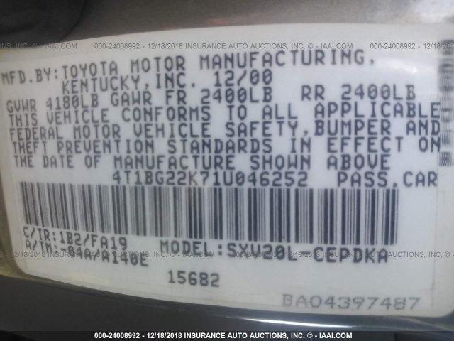 4T1BG22K71U046252 - 2001 TOYOTA CAMRY CE/LE/XLE TAN photo 9