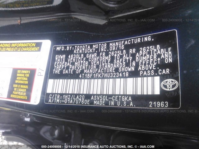 4T1BF1FK7HU323418 - 2017 TOYOTA CAMRY LE/XLE/SE/XSE BLACK photo 9