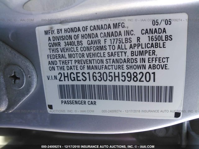 2HGES16305H598201 - 2005 HONDA CIVIC DX VP SILVER photo 9