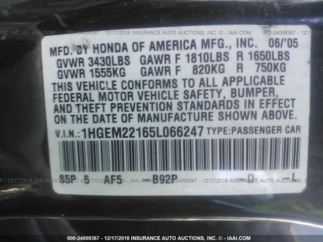 1HGEM22165L066247 - 2005 HONDA CIVIC DX VP Qara foto 9