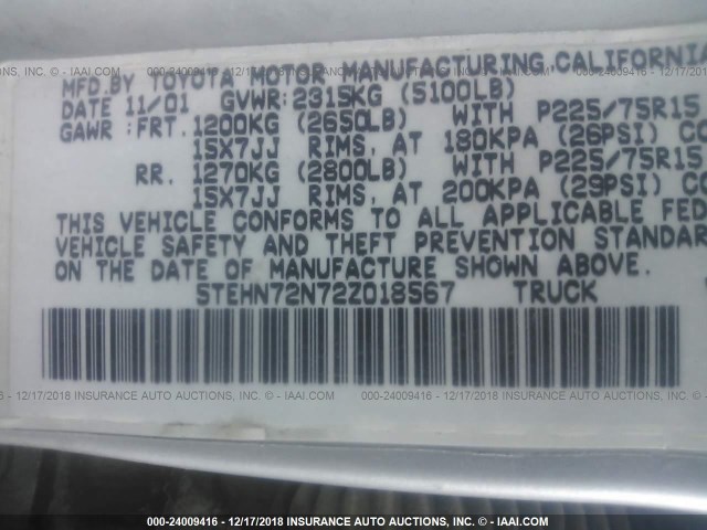 5TEHN72N72Z018567 - 2002 TOYOTA TACOMA DOUBLE CAB 灰色 照片 9