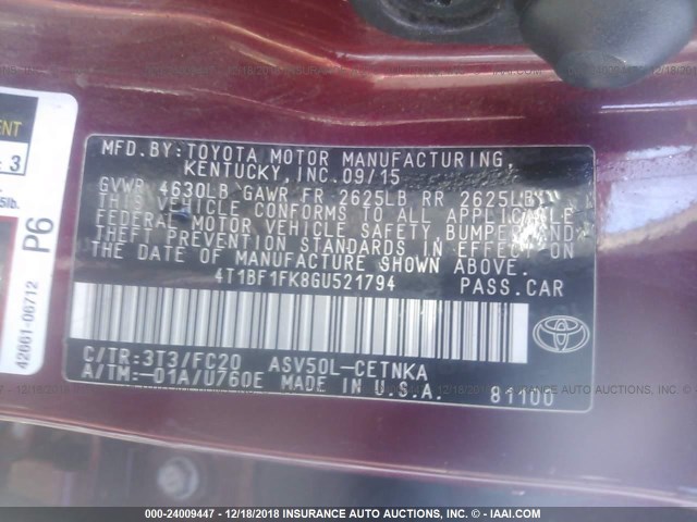 4T1BF1FK8GU521794 - 2016 TOYOTA CAMRY LE/XLE/SE/XSE RED photo 9