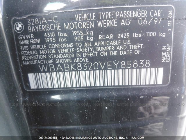 WBABK8320VEY85838 - 1997 BMW 328 IC AUTOMATIC BLACK photo 9