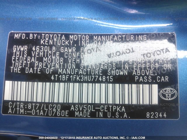 4T1BF1FK3HU774815 - 2017 TOYOTA CAMRY LE/XLE/SE/XSE BLUE photo 9