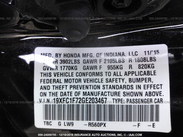 19XFC1F72GE203467 - 2016 HONDA CIVIC EXL BLACK photo 9