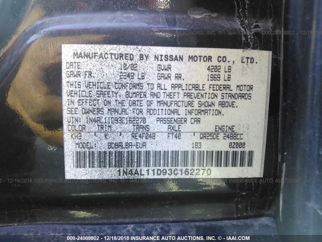 1N4AL11D93C162270 - 2003 NISSAN ALTIMA S/SL BLACK photo 9