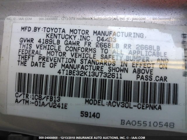 4T1BE32K13U732611 - 2003 TOYOTA CAMRY LE/XLE/SE SILVER photo 9