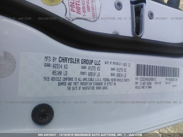 2C3CCAAGXDH588713 - 2013 CHRYSLER 300 WHITE photo 9