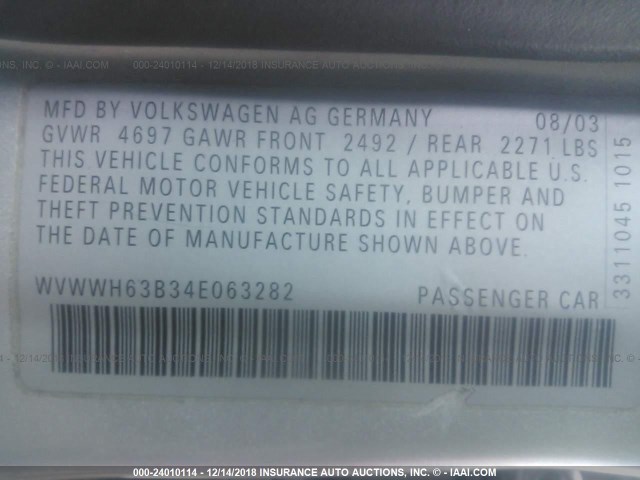 WVWWH63B34E063282 - 2004 VOLKSWAGEN PASSAT GLX SILVER photo 9