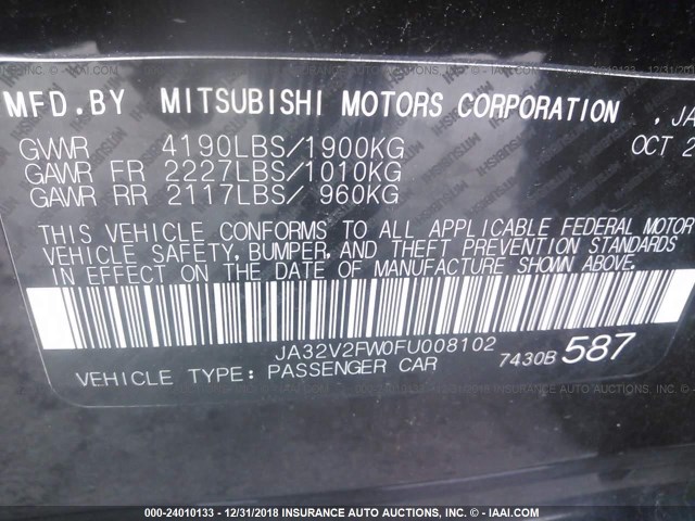 JA32V2FW0FU008102 - 2015 MITSUBISHI LANCER SE BLACK photo 9