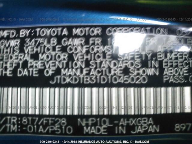 JTDKDTB31D1045020 - 2013 TOYOTA PRIUS C BLUE photo 9