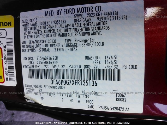 3FA6P0G7XER135136 - 2014 FORD FUSION S RED photo 9