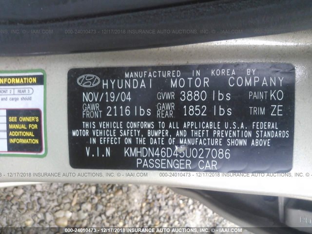 KMHDN46D45U027086 - 2005 HYUNDAI ELANTRA GLS/GT GOLD photo 9