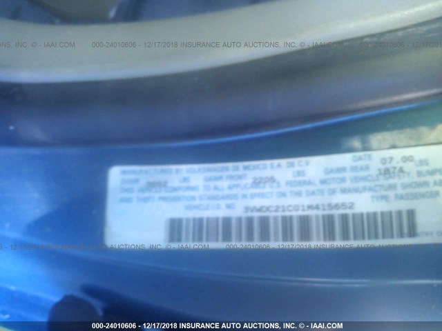 3VWDC21C01M415652 - 2001 VOLKSWAGEN NEW BEETLE GLX BLUE photo 9