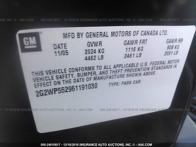 2G2WP552961191030 - 2006 PONTIAC GRAND PRIX BLACK photo 9