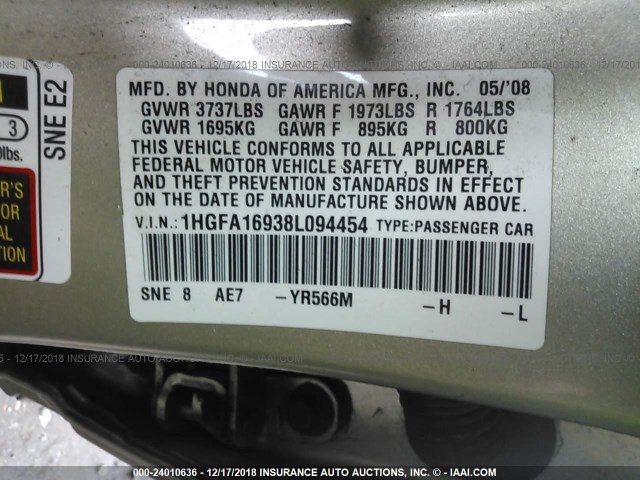 1HGFA16938L094454 - 2008 HONDA CIVIC EXL GOLD photo 9