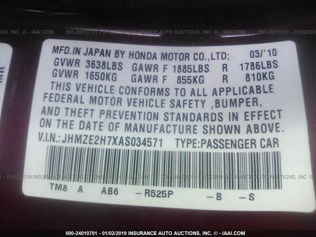 JHMZE2H7XAS034571 - 2010 HONDA INSIGHT EX SILVER photo 9