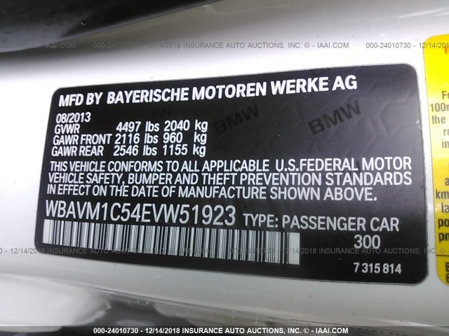 WBAVM1C54EVW51923 - 2014 BMW X1 SDRIVE28I WHITE photo 9