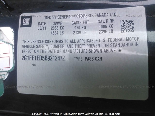 2G1FE1ED5B9212472 - 2011 CHEVROLET CAMARO LS BLACK photo 9