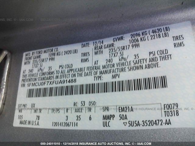 1FMCU0F7XFUA91488 - 2015 FORD ESCAPE S SILVER photo 9