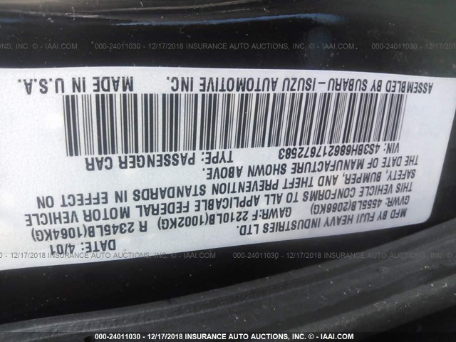 4S3BH686217672583 - 2001 SUBARU LEGACY OUTBACK LIMITED BLACK photo 9