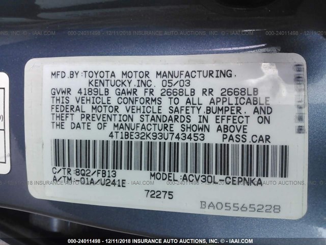 4T1BE32K93U743453 - 2003 TOYOTA CAMRY LE/XLE/SE BLUE photo 9