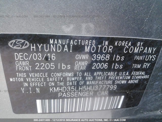 KMHD35LH5HU377799 - 2017 HYUNDAI ELANTRA GT GRAY photo 9