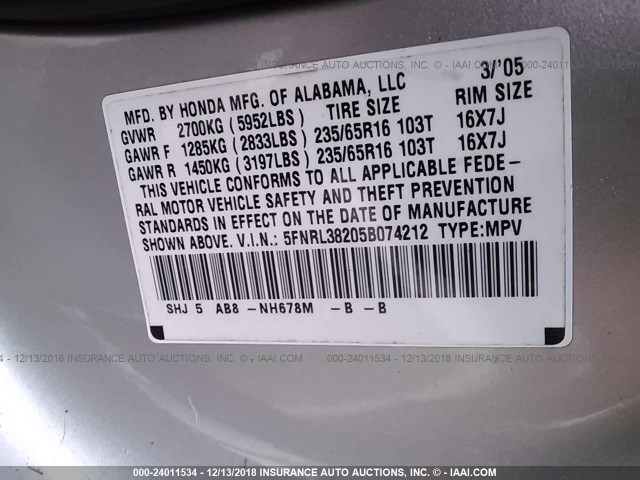 5FNRL38205B074212 - 2005 HONDA ODYSSEY LX SILVER photo 9