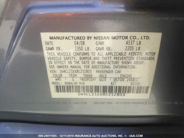 1N4CL21EX8C252803 - 2008 NISSAN ALTIMA HYBRID GRAY photo 9