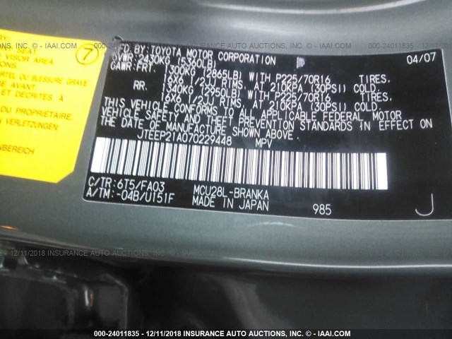 JTEEP21A070229448 - 2007 TOYOTA HIGHLANDER SPORT/LIMITED GRAY photo 9