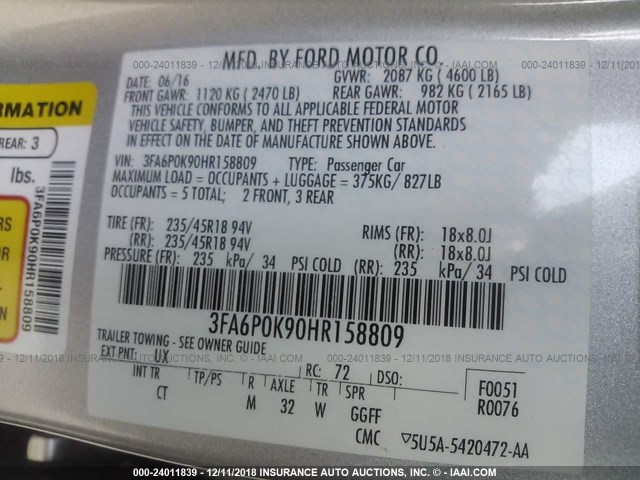 3FA6P0K90HR158809 - 2017 FORD FUSION TITANIUM SILVER photo 9