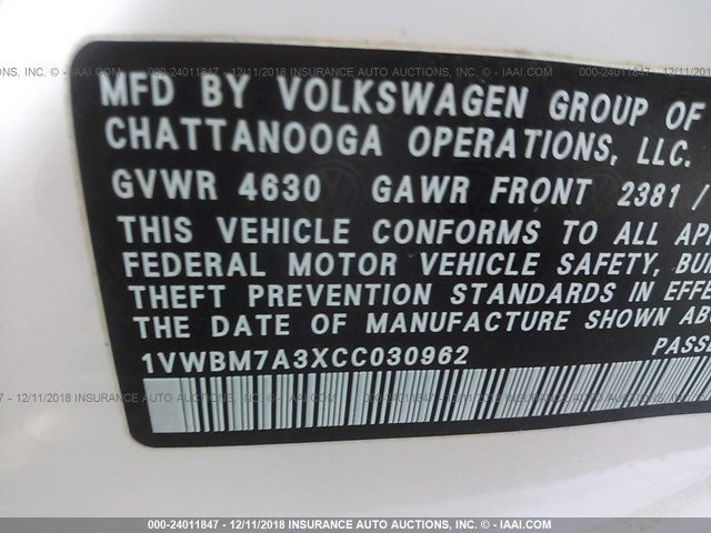 1VWBM7A3XCC030962 - 2012 VOLKSWAGEN PASSAT SE WHITE photo 9