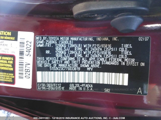 5TDZK23C77S033619 - 2007 TOYOTA SIENNA CE/LE BURGUNDY photo 9